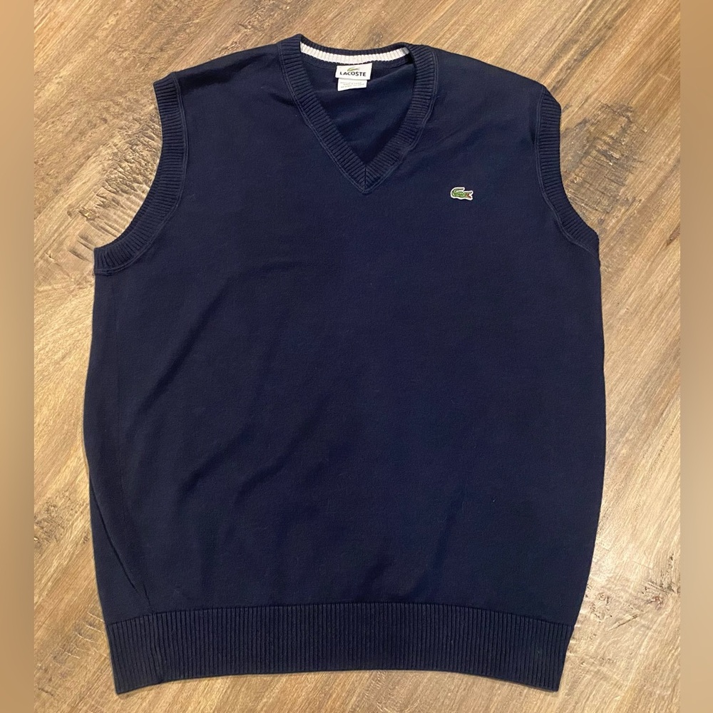 Lacoste Men’s Sz 5 Large Navy Wool Blend Vest Sleeveless Sweater Knit V-Neck